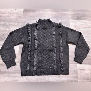 Women’s LOFT Boho Fringe Mock Neck Knit Sweater in Charcoal